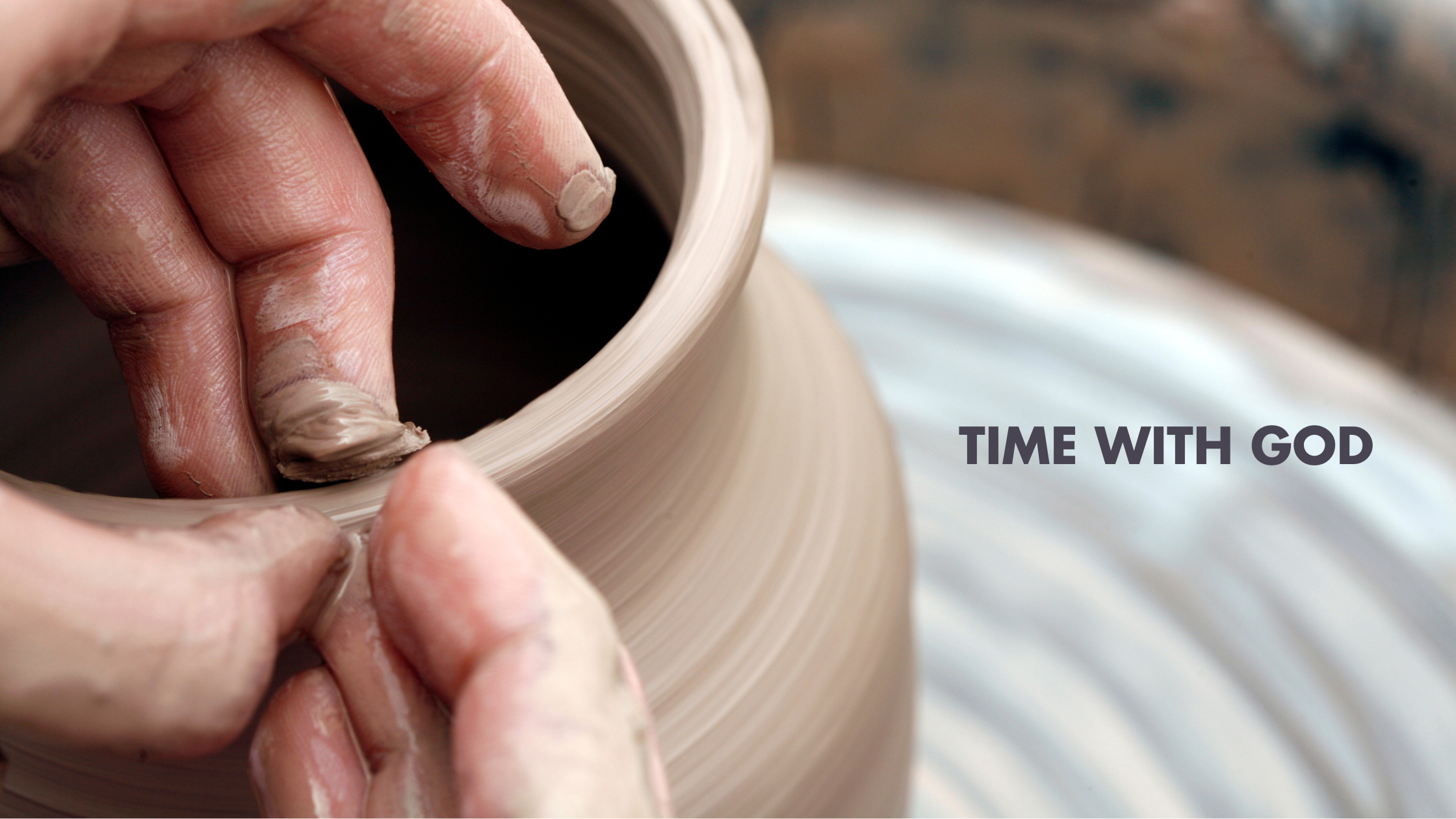 Image of hands working with clay, and title 